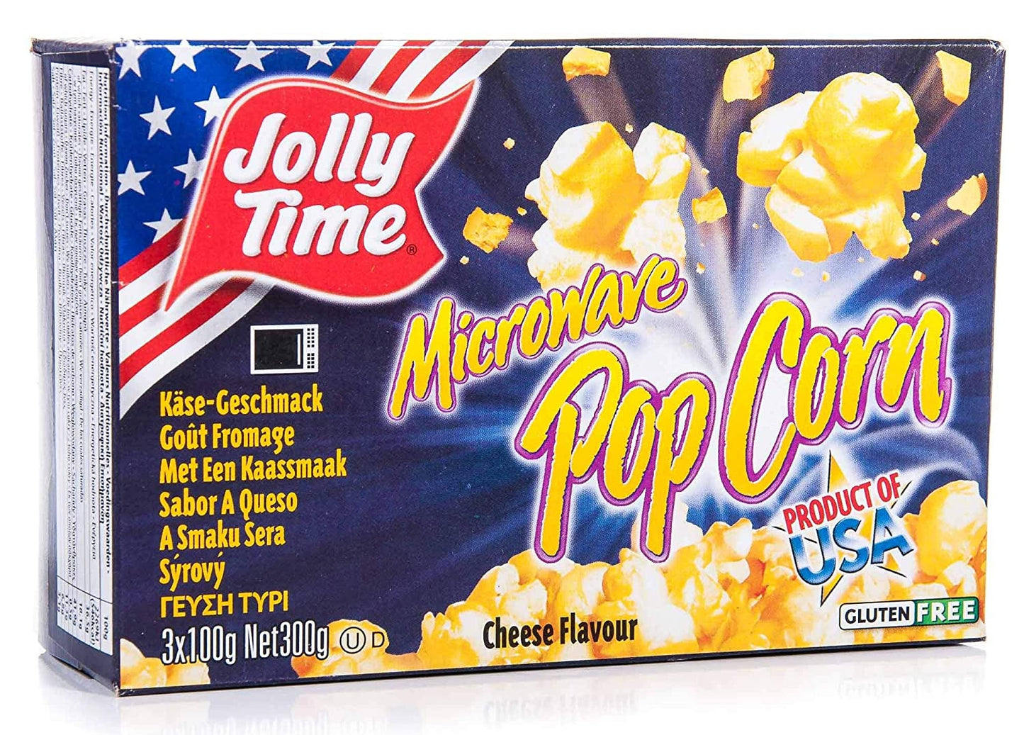 Jolly Time Mikrowellen Popcorn mit Käse, Snacks, 3 x 100 g, goldener Popcorn mit Käsegeschmack in Mikrowellenverpackung