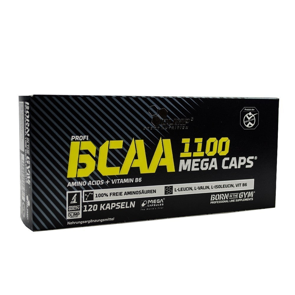 Olimp BCAA Mega Caps, 120 Kapseln, BCAA Nahrungsergänzung, weiße Kapseln in einer offenen Packung