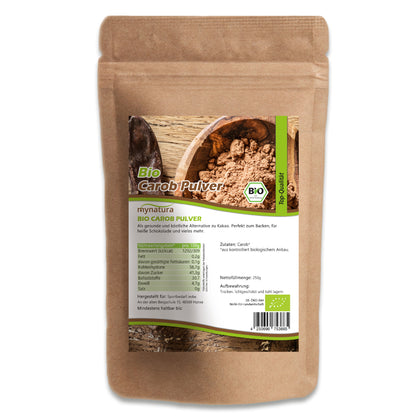 Mynatura Bio Carob Pulver, Superfood in einer 250g Packung, fein gemahlenes Kakaogranulat in einer weißen Schüssel