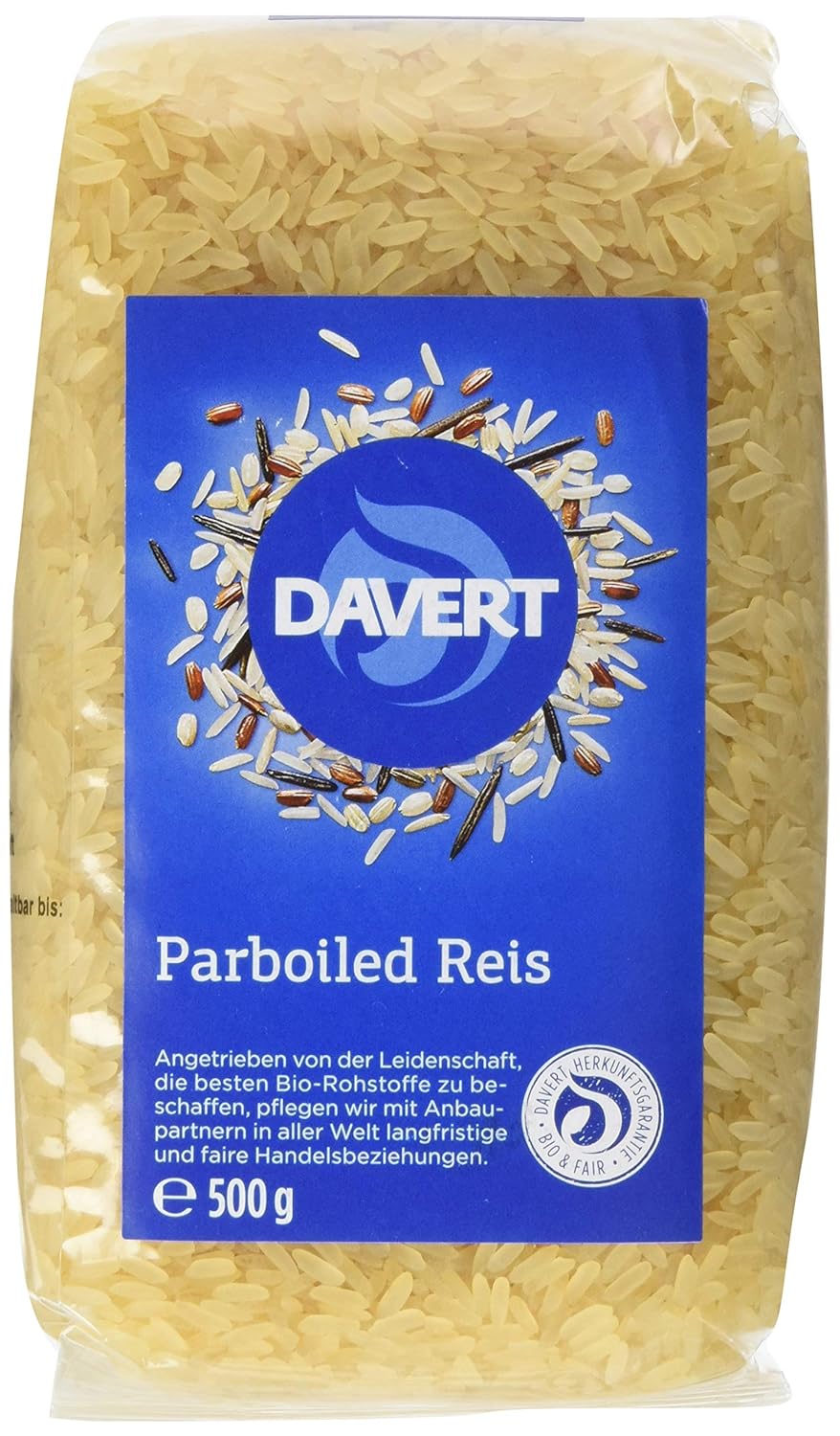 Vorderansicht der Packung Davert Bio Parboiled Reis, Langkorn, weiß, 4x500g, mit Reis im Kochprozess in einer Schüssel