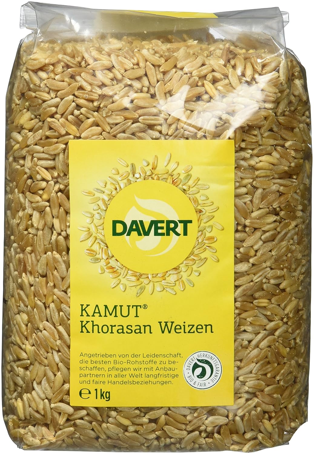 Bio-Kamut vom Davert, 1 kg Packung, rohes Getreide für gesunde Kochrezepte, naturbelassen und vielseitig verwendbar.