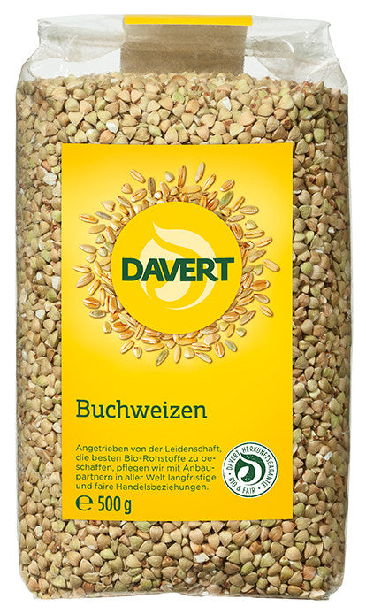 Bio Buchweizen von Davert, 1 kg, naturbelassen und ungeknackt, ideal zum Kochen, in einer transparenten Packung.