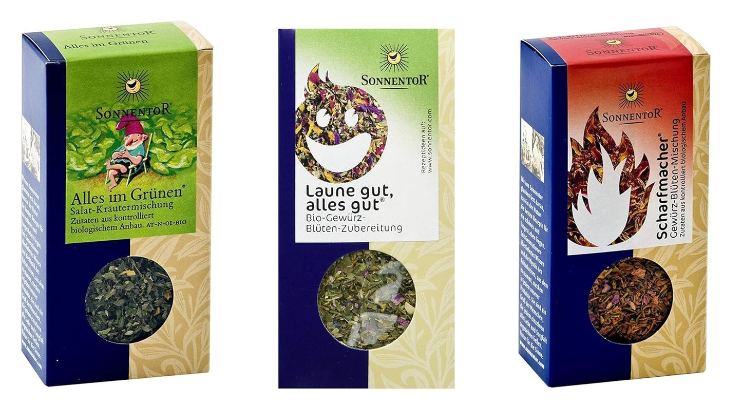 Sonnentor - 3er Set Gewürze - Scharfmacher (30g) Alles im Grünen (15g) Laune gut alles gut (15g)