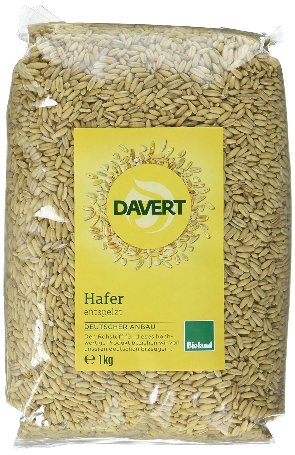 Bio Hafer von Davert, entspelzt, in einer Schüssel, ideal zum Kochen, 1kg Packung, natürliche Haferflocken.