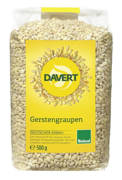 Bio Gerstengraupen von Davert, natürliche Kochen-Zutat, sichtbare goldene Gerstenkörner in 500g Packung