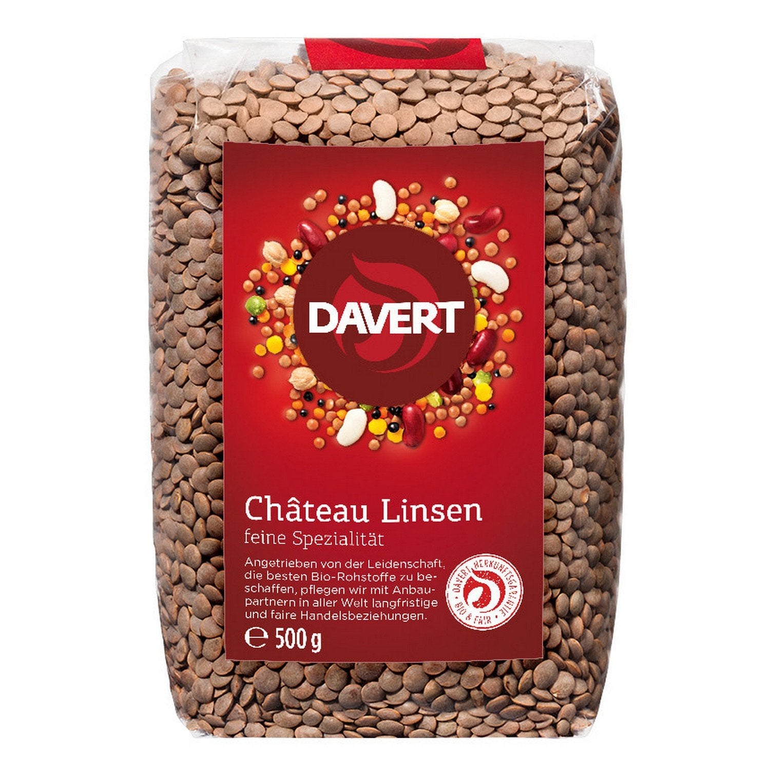 Bündel Davert Château Linsen in 500g Verpackung, ideal zum Kochen, mit sichtbaren Linsen in der Verpackung.