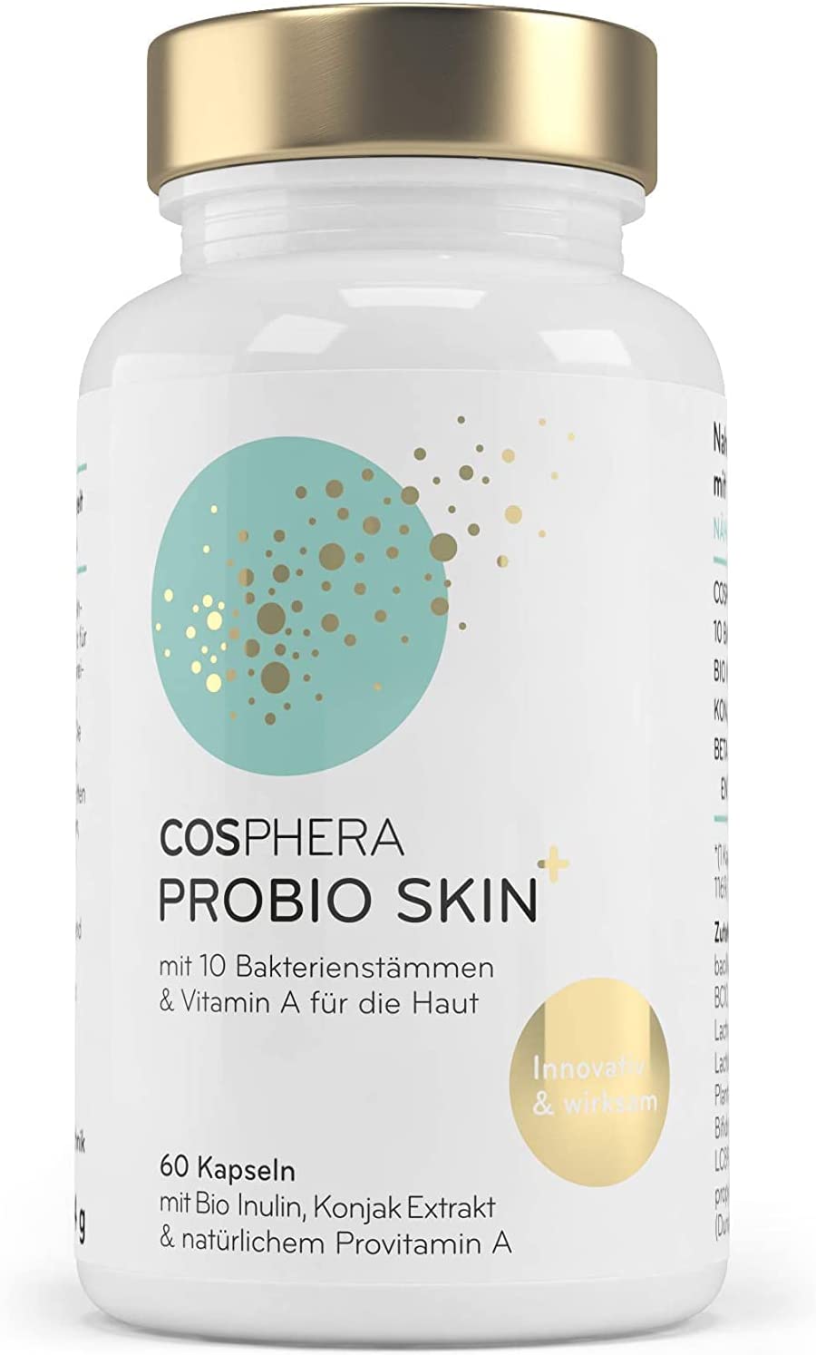 Hochdosierte Cosphera Probio Skin Kapseln, probiotisches Nahrungsergänzungsmittel in 60 Kapseln, für gesunde Haut und Darm.