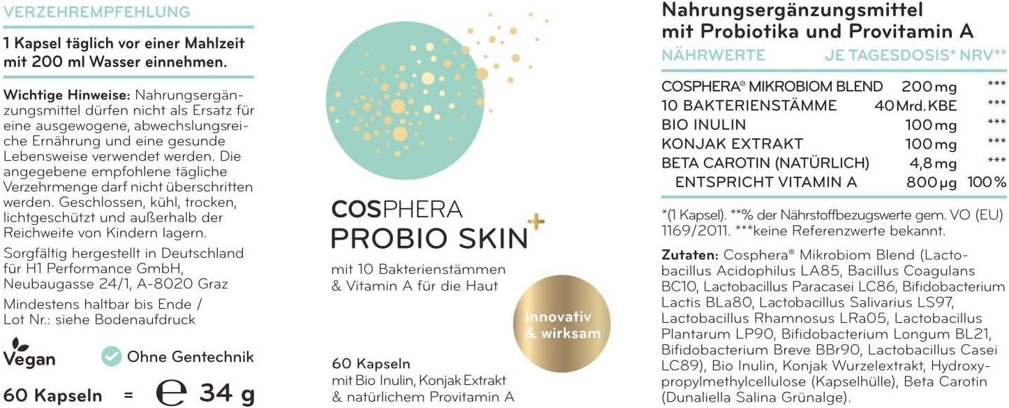 Cosphera Probio Skin Kapseln, hochdosiertes Probiotikum in einer weißen Flasche mit 60 Kapseln, Nahrungsergänzungsmittel, Nahaufnahme