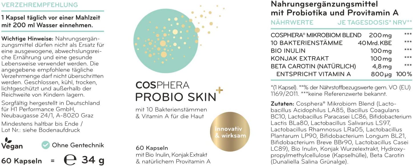 Cosphera Probio Skin Kapseln, hochdosiertes Probiotikum in einer weißen Flasche mit 60 Kapseln, Nahrungsergänzungsmittel, Nahaufnahme