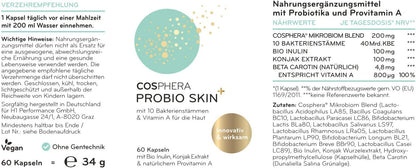 Cosphera Probio Skin Kapseln, hochdosiertes Probiotikum in einer weißen Flasche mit 60 Kapseln, Nahrungsergänzungsmittel, Nahaufnahme