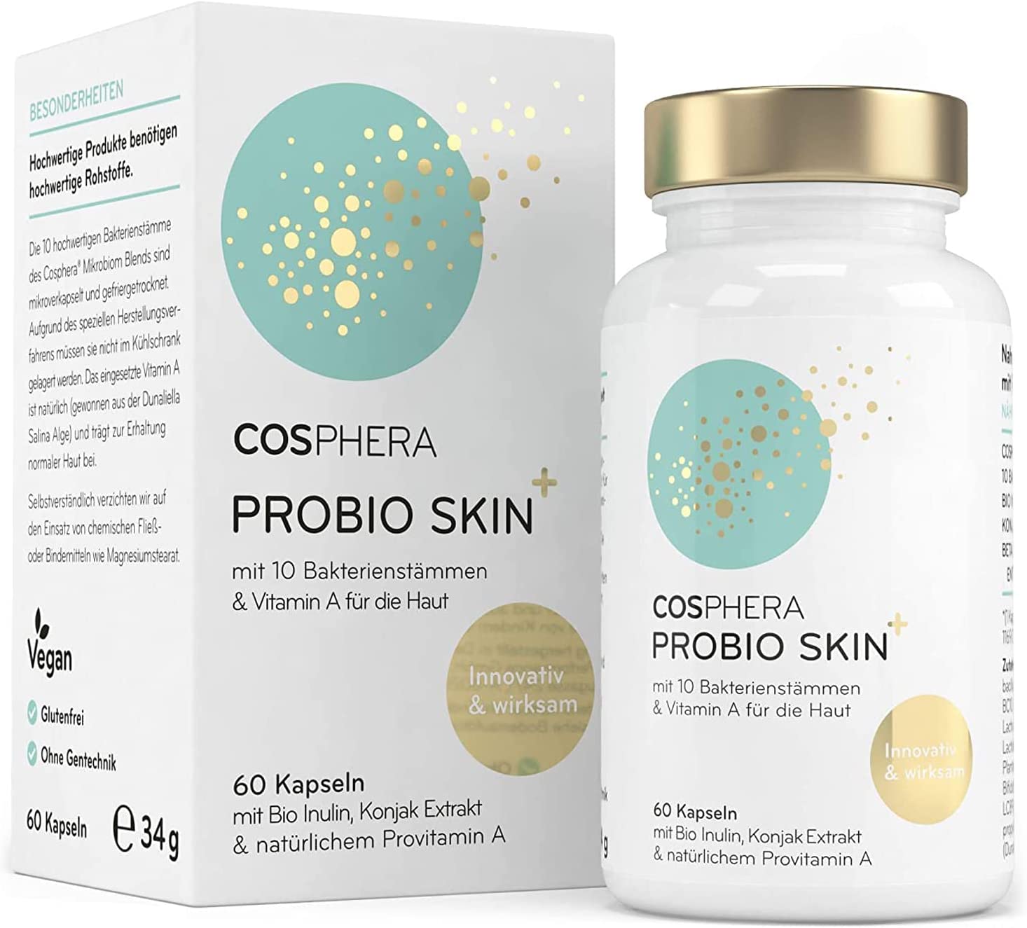 Hochdosiertes Probiotikum Cosphera Probio Skin Kapseln, 60 Kapseln, Nährstoffpräparat für gesunde Haut und Darmgesundheit