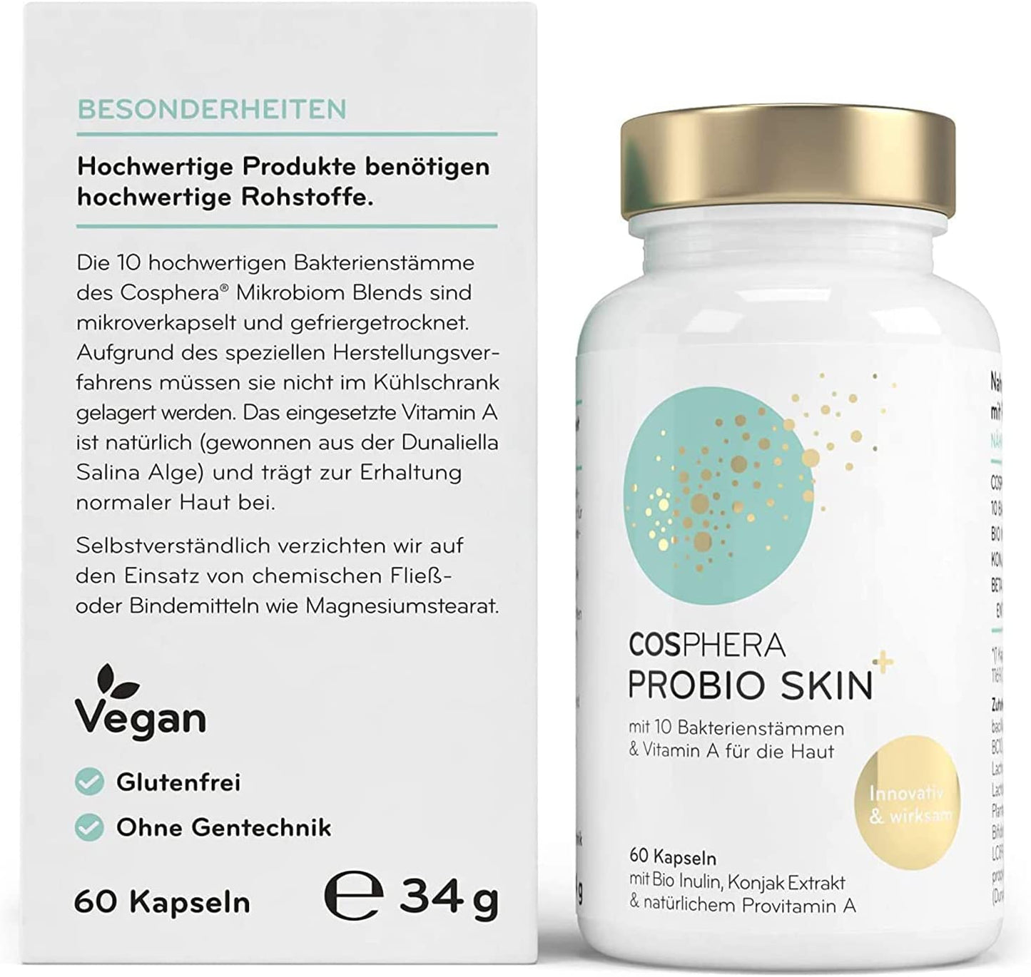 Hochdosierte Cosphera Probio Skin Kapseln in einer weißen Packung, 60 Kapseln, Nahrungsergänzung für gesunde Haut.