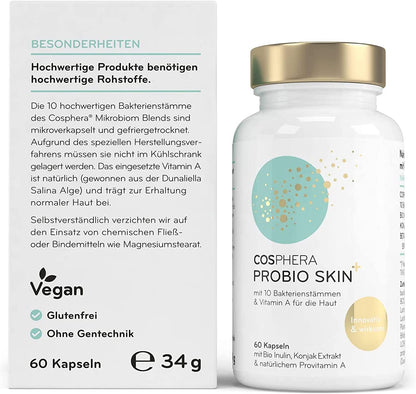 Hochdosierte Cosphera Probio Skin Kapseln in einer weißen Packung, 60 Kapseln, Nahrungsergänzung für gesunde Haut.