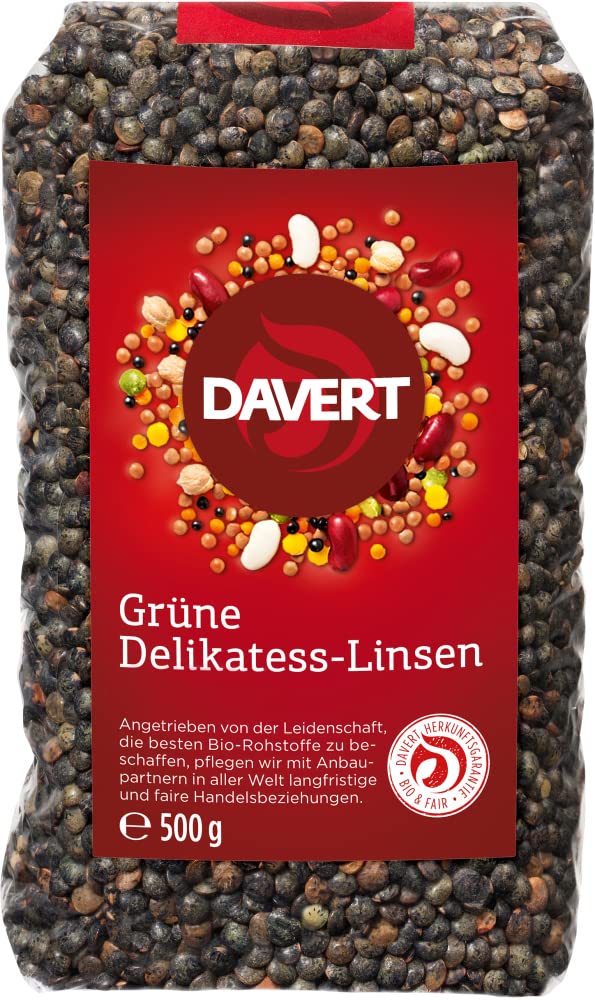 Bio grüne Delikatess-Linsen von Davert in 500g Packung, zum Kochen, frische und gesunde Hülsenfrüchte.