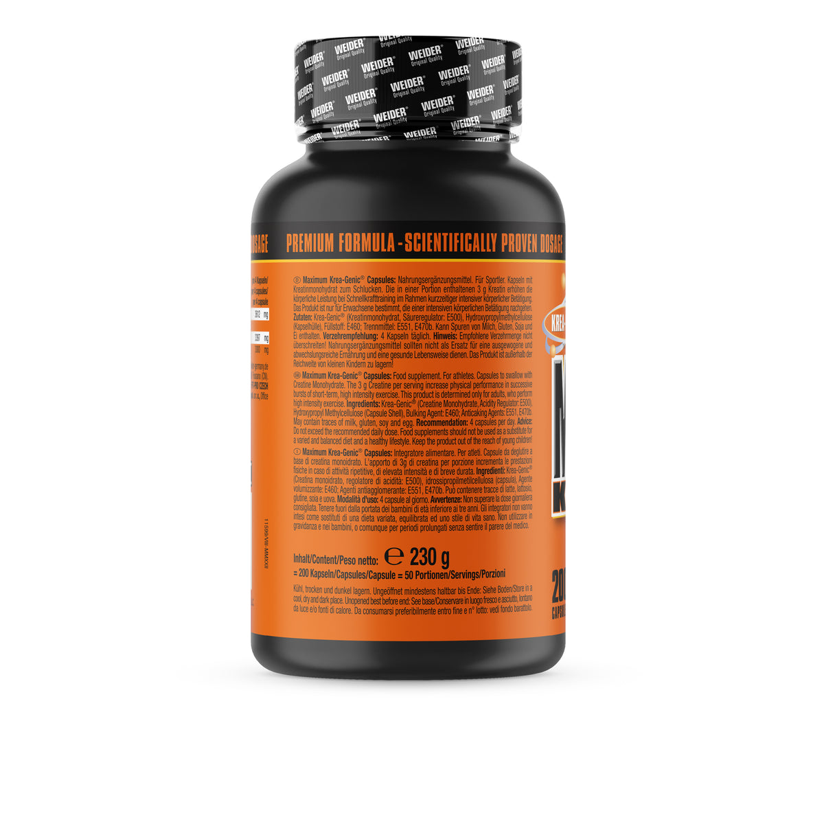 Rückseite der Maximum Krea-Genic Dose von Weider mit detaillierten Produktinformationen und Zutatenliste.