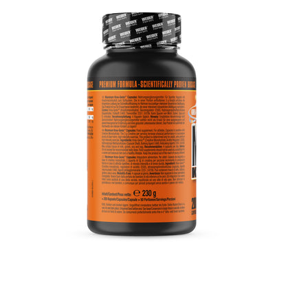 Rückseite der Maximum Krea-Genic Dose von Weider mit detaillierten Produktinformationen und Zutatenliste.