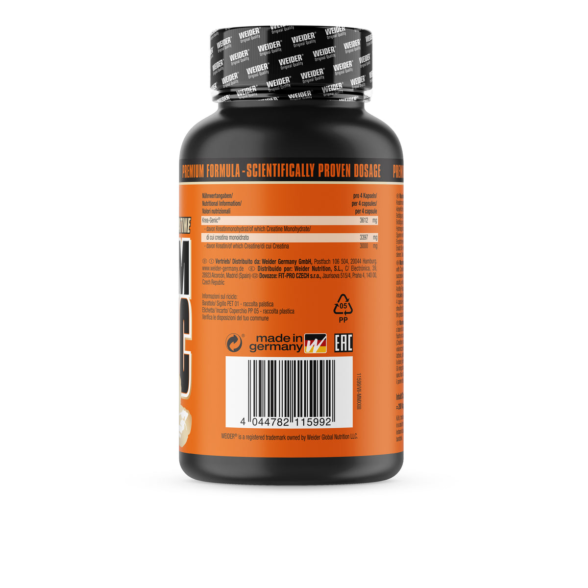 Weider Maximum Krea-Genic Dose mit Nährwerttabelle, Barcode und Made-in-Germany-Siegel auf der Rückseite.