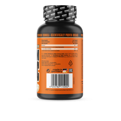 Weider Maximum Krea-Genic Dose mit Nährwerttabelle, Barcode und Made-in-Germany-Siegel auf der Rückseite.