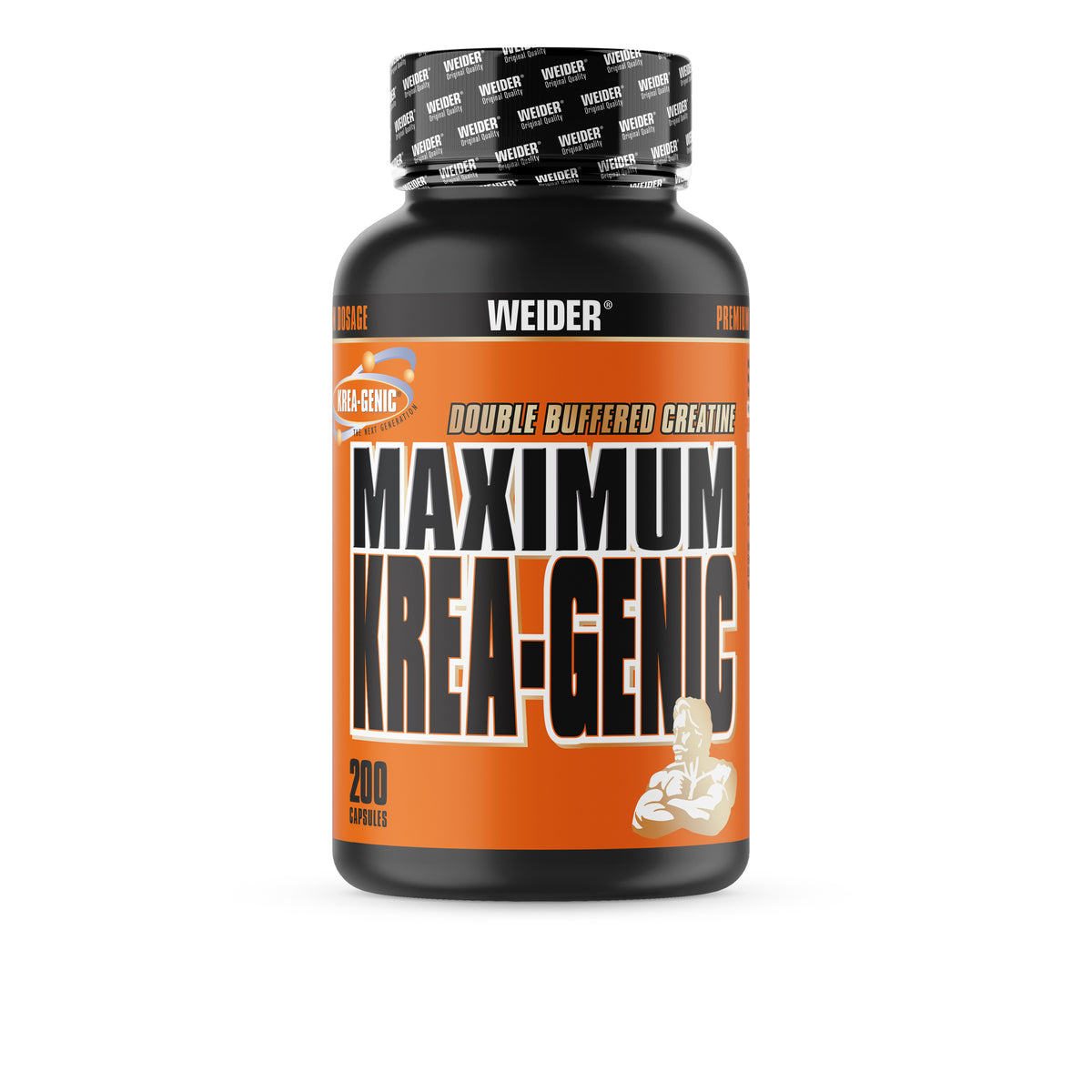 Weider Maximum Krea-Genic Dose mit 200 Kapseln, frontal freigestellt auf weißem Hintergrund.