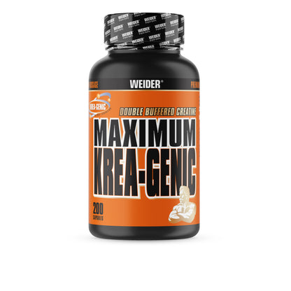 Weider Maximum Krea-Genic Dose mit 200 Kapseln, frontal freigestellt auf weißem Hintergrund.