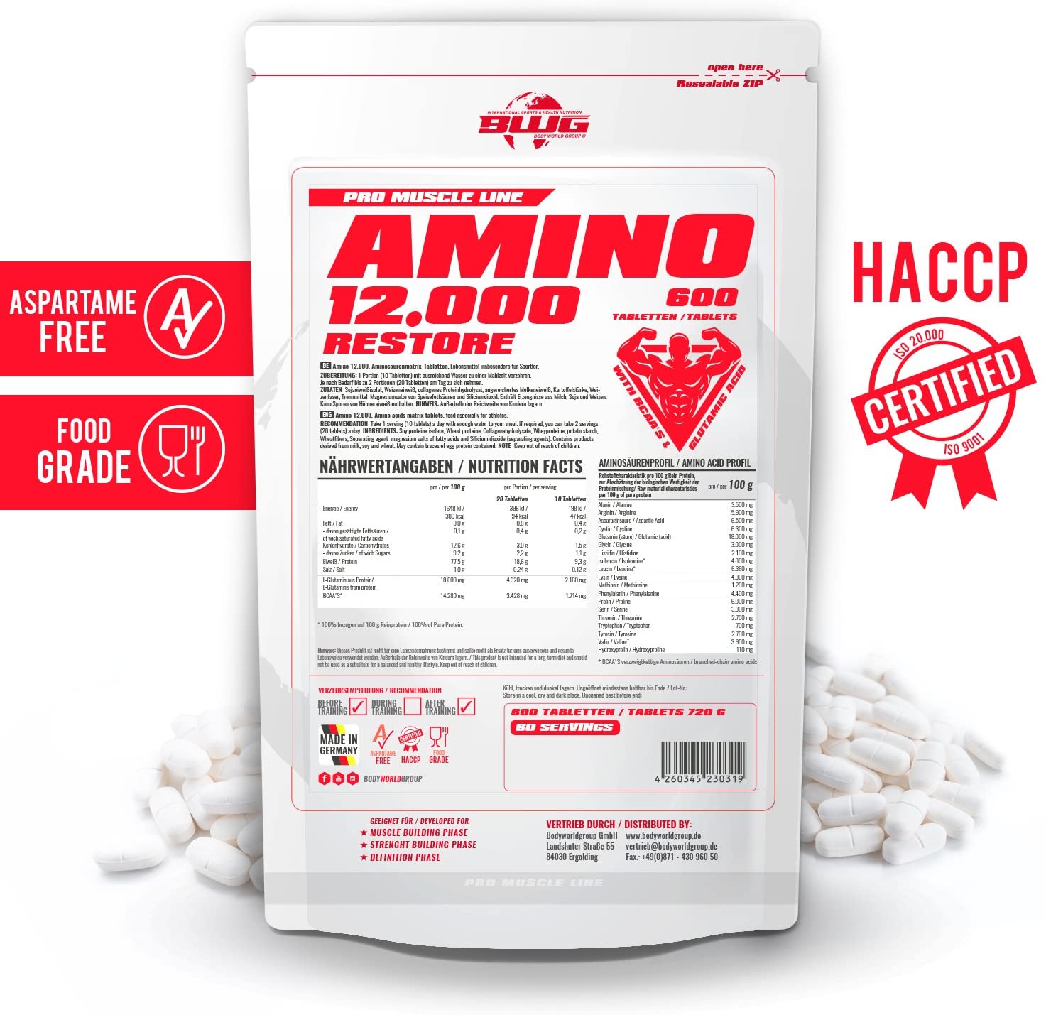 BWG Amino Restore 12000 + BCAA-Tabletten von BodyworldGroup, 600 Stück, 1200 mg BCAA pro Tablette, Nahrungsergänzung