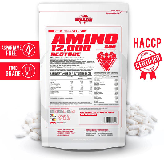 BWG Amino Restore 12000 + BCAA-Tabletten von BodyworldGroup, 600 Stück, 1200 mg BCAA pro Tablette, Nahrungsergänzung