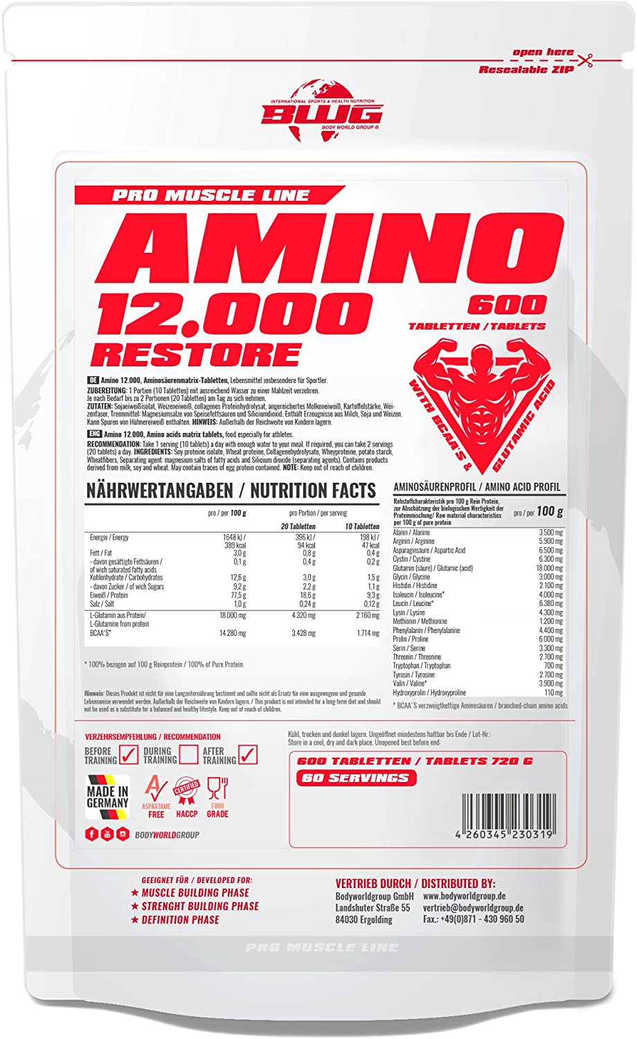 BCAA's Amino Restore 12000 von BodyworldGroup, 600 Tabletten mit 1200 mg BCAAs für Muskelregeneration