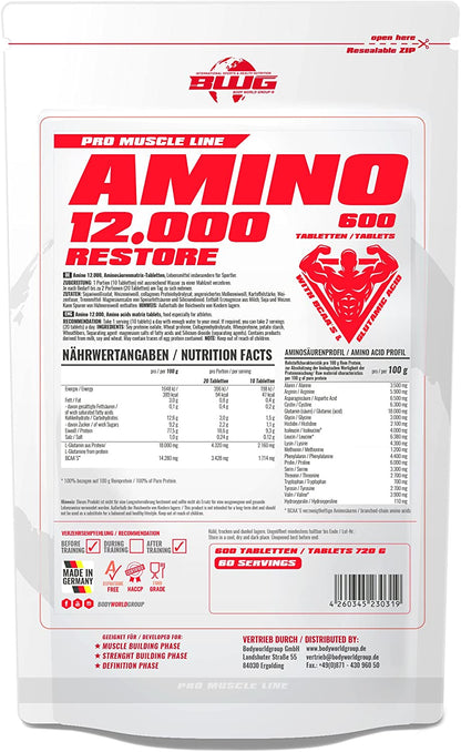 BCAA's Amino Restore 12000 von BodyworldGroup, 600 Tabletten mit 1200 mg BCAAs für Muskelregeneration