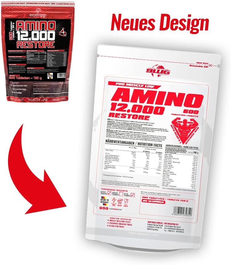 BCAA's Amino Restore 12000 von BodyworldGroup, 600 Tabletten mit 1200 mg BCAA für Muskelregeneration und Leistungssteigerung