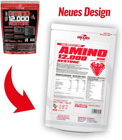 BCAA's Amino Restore 12000 von BodyworldGroup, 600 Tabletten mit 1200 mg BCAA für Muskelregeneration und Leistungssteigerung