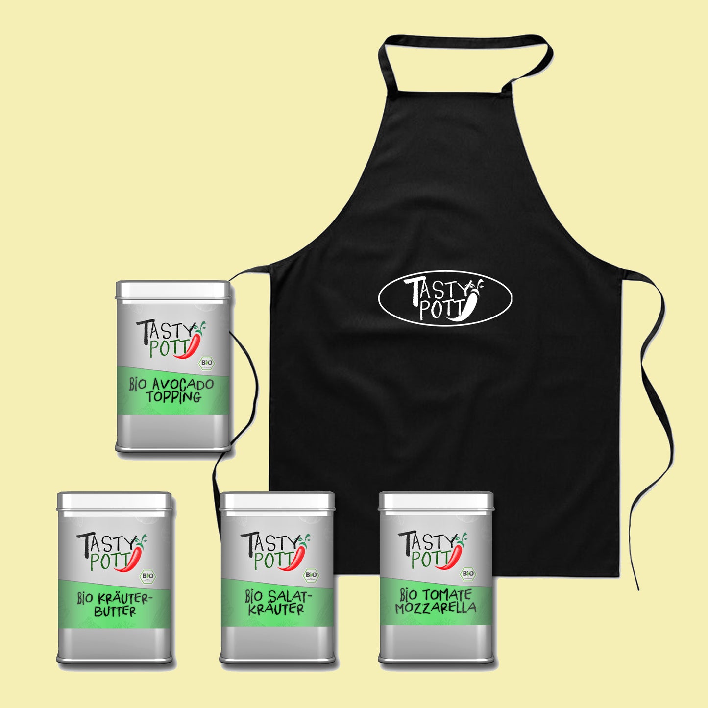 Tasty Pott Gewürz-Set 1  - Bio Kräuter Toppings (Dosen) + Schürze