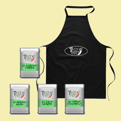 Tasty Pott Gewürz-Set 1  - Bio Kräuter Toppings (Dosen) + Schürze