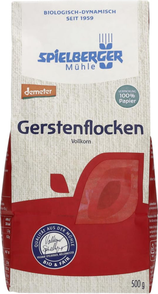 Bio Gerstenflocken von Spielberger, Demeter-Qualität, 500 g, für gesunde Kochen und Frühstücksgerichte, in der Verpackung abgebildet
