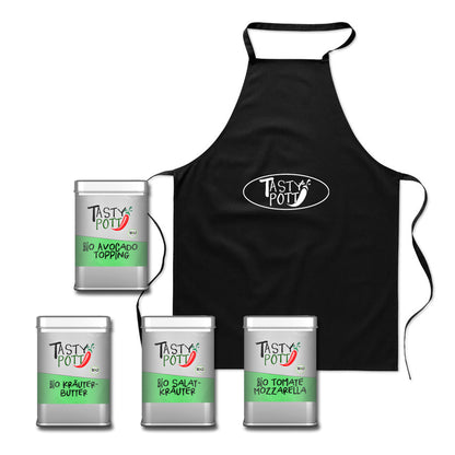 Tasty Pott Gewürz-Set 1  - Bio Kräuter Toppings (Dosen) + Schürze