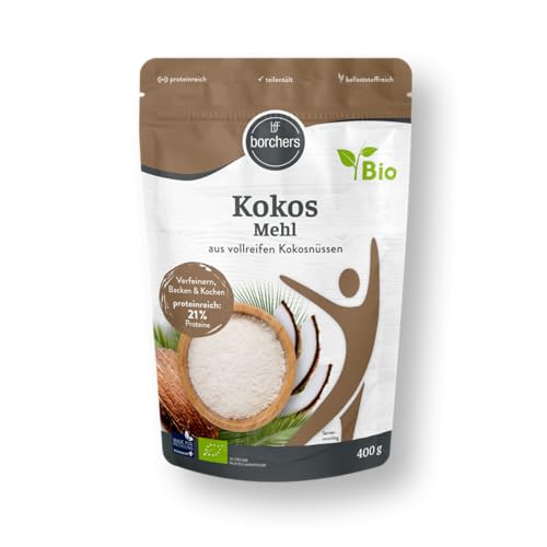 BORCHERS Bio Kokosmehl, 400g, fein vermahlen, teilentölt, naturbelassen, leichte Süße, Proteinquelle, ballaststoffreich, vegan, zum Kochen, Backen & Verfeinern
