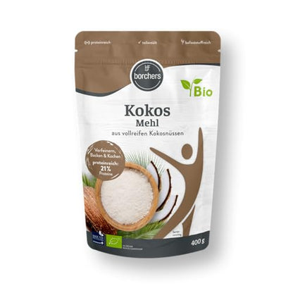 BORCHERS Bio Kokosmehl, 400g, fein vermahlen, teilentölt, naturbelassen, leichte Süße, Proteinquelle, ballaststoffreich, vegan, zum Kochen, Backen & Verfeinern