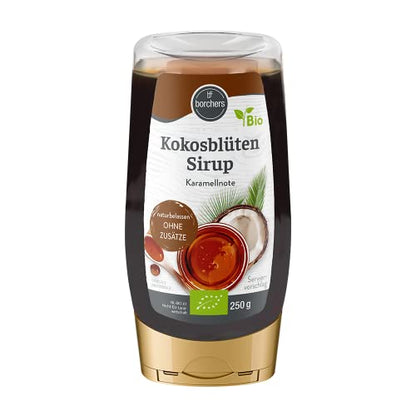 BORCHERS Bio Kokosblütensirup, Naturbelassener Kokosblütensirup aus der Kokospalme 250g, Karamellnote, Zuckeralternative, Vegan, Bio-Qualität, zum Süßen und Verfeinern
