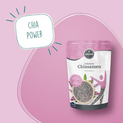 BORCHERS Chiasamen schwarz, 250g, Hohe Quellfähigkeit, ballaststoffreich, Proteinquelle, Omega-3-Fettsäuren, zuckerarm, vegan, Ideal zum Toppen, Backen und Kochen