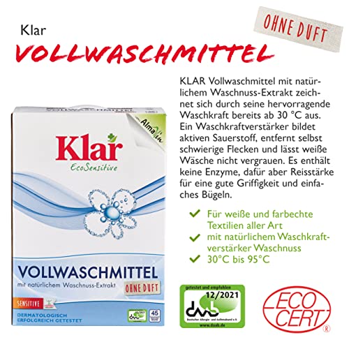 Klar eco Sensitive Vollwaschmittel 2,475kg, ohne Duft, 45 Waschladungen, für Allergiker