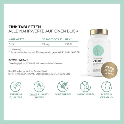 Cosphera - Zink Hochdosiert 25mg Zink-Bisglycinat - 365 vegane Tabletten
