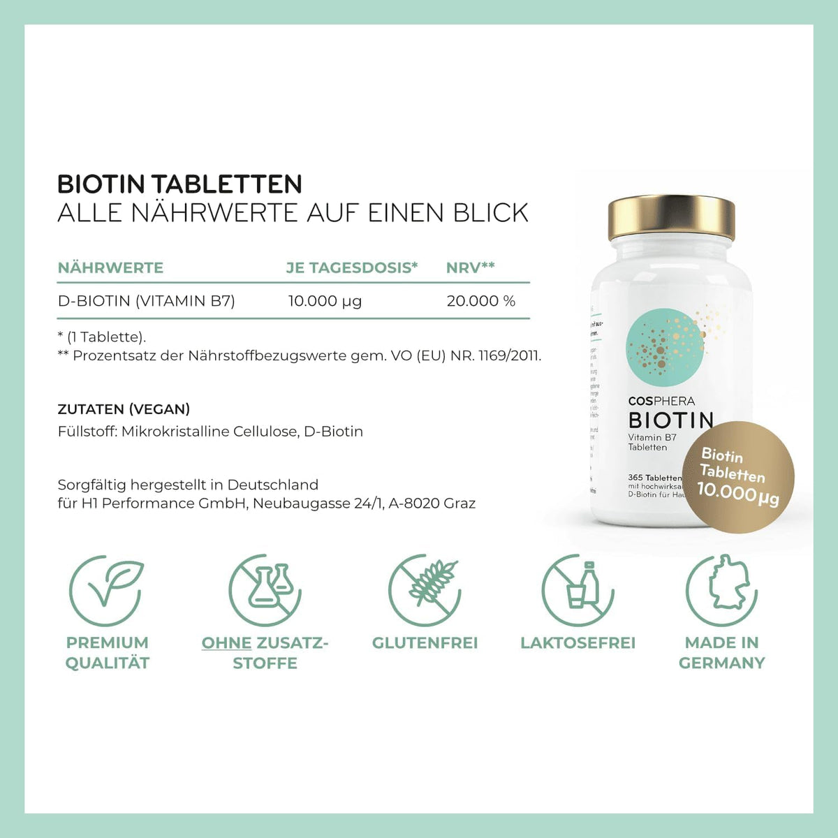 grafische übersicht cosphera biotin tabletten, nährwerte, zutaten und produktvorteile wie vegan und made in germany