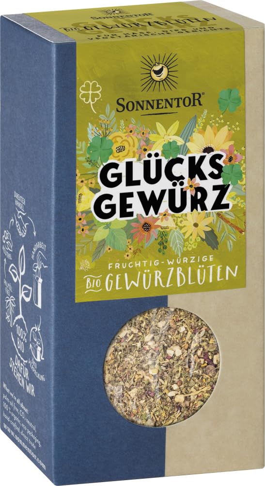 Bio Glücks Gewürz-Blüten von Sonnentor, zum Kochen, in einer 35g Dose, mit bunten getrockneten Blüten für aromatische Gerichte