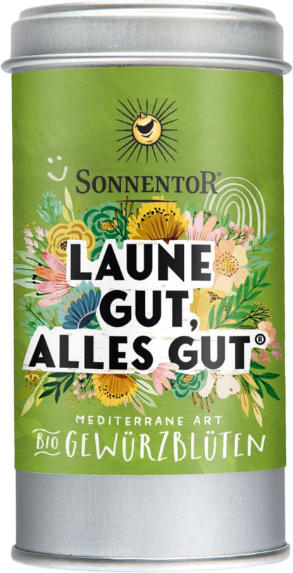 Sonnentor Laune gut, alles gut Streudose mit 25g Gewürz für bessere Stimmung, in praktischer Dose auf dem Bild sichtbar