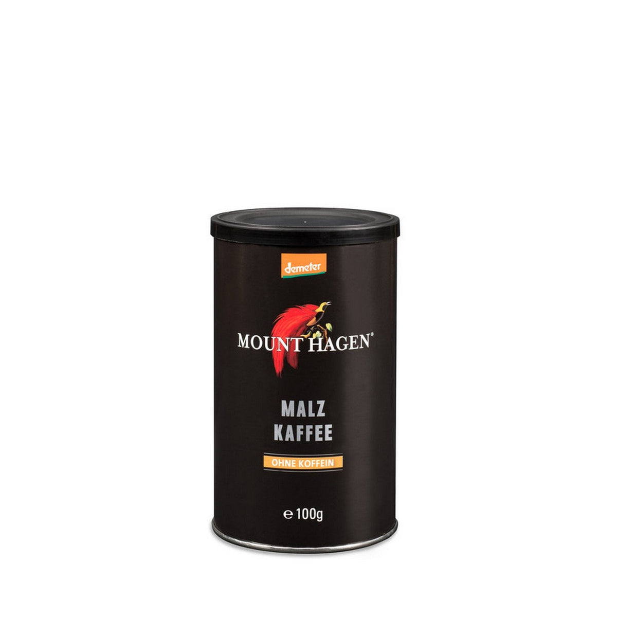 Getreidekaffee von Mount Hagen in schwarzer Dose, leicht seitliche Frontansicht, Demeter-Logo und Malzkaffee-Aufschrift sichtbar.