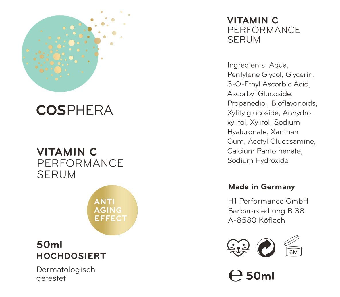 Hochdosiertes Vitamin C Serum von Cosphera in einer 50 ml Flasche, für strahlende Haut und antioxidativen Schutz.