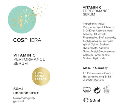 Hochdosiertes Vitamin C Serum von Cosphera in einer 50 ml Flasche, für strahlende Haut und antioxidativen Schutz.