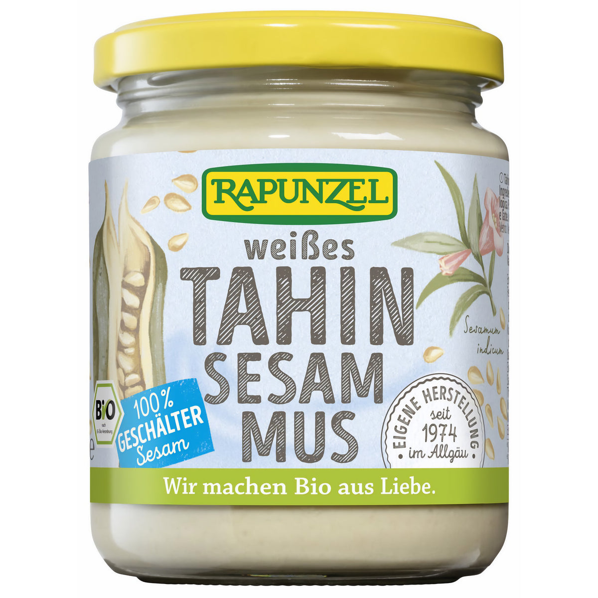 Weißes Rapunzel Tahin Sesammus in 250 g Bio-Qualität, cremige Konsistenz, ideal zum Kochen und Backen.