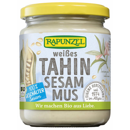 Weißes Rapunzel Tahin Sesammus in 250 g Bio-Qualität, cremige Konsistenz, ideal zum Kochen und Backen.