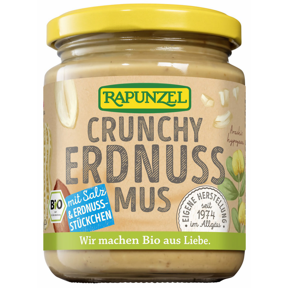 Bio Erdnussmus Crunchy von Rapunzel in 250g Dose, zeigt die cremige Erdnussbutter mit knackigen Erdnussstücken und Salz.