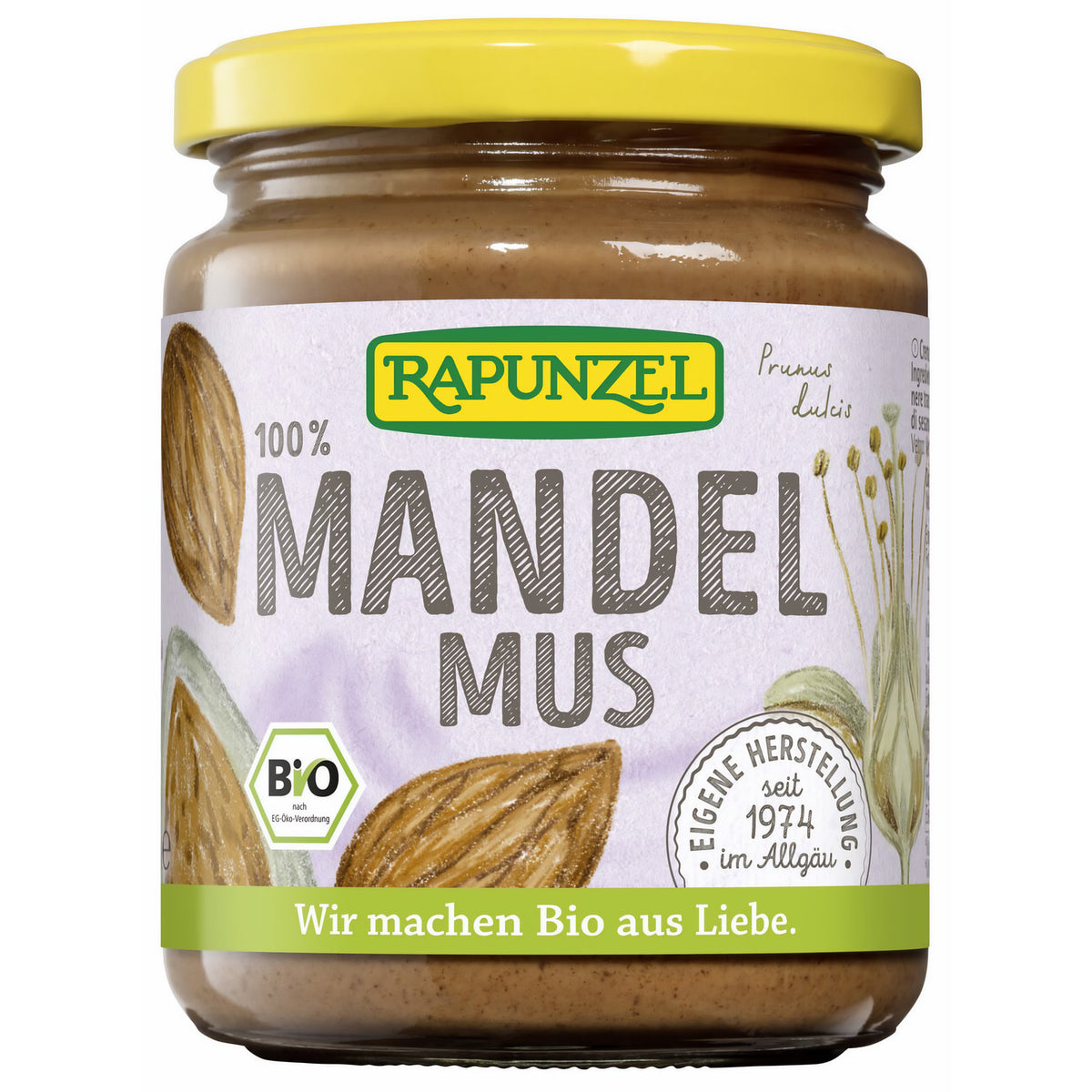 Bio Mandelmus von Rapunzel, 250g, cremige Mandelcreme zum Kochen, sichtbar in der Verpackung.
